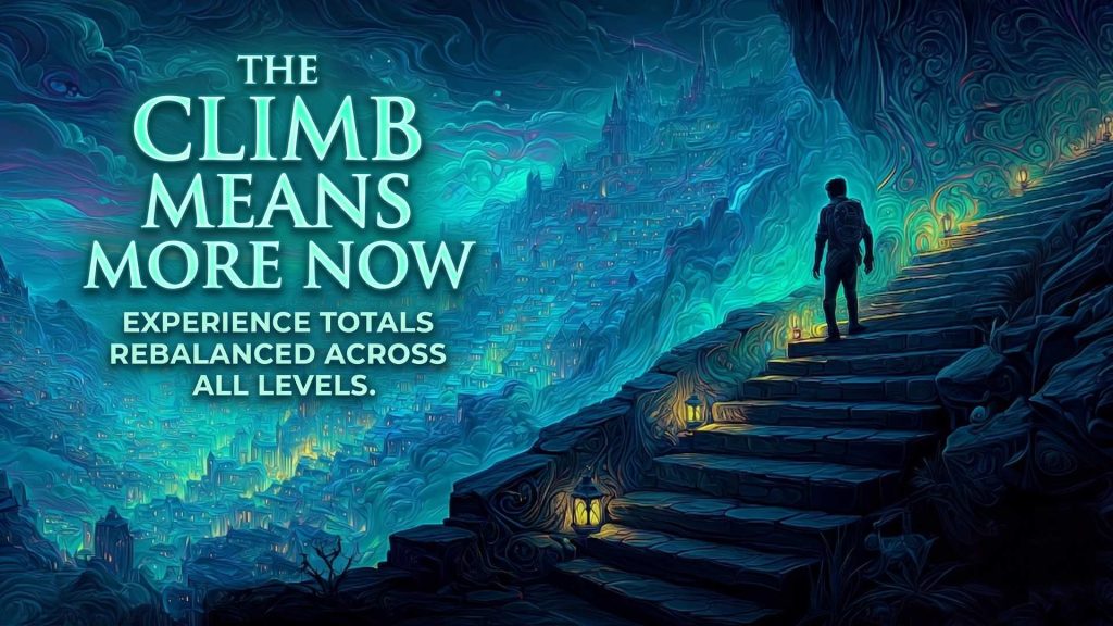 Aetolia text RPG leveling system rebalanced – experience totals adjusted across all levels to level 100