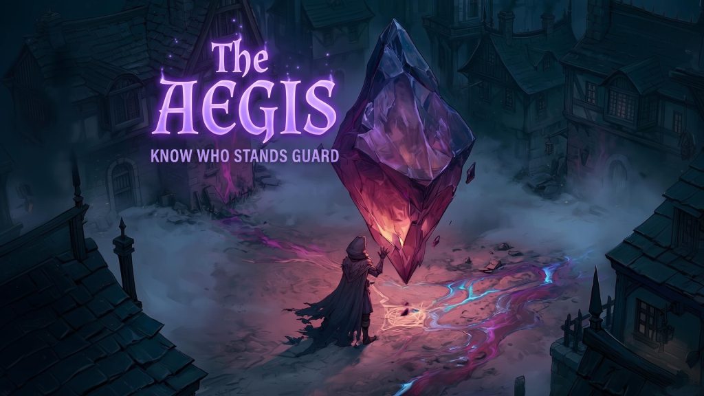 A glowing six-faceted crystal aegis spinning above a gothic village square at night, with a cloaked figure standing guard beside it