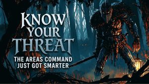 Aetolia AREAS command threat level update    an armored hunter with a lantern assesses danger in a dark shadowed forest with predatory creatures lurking