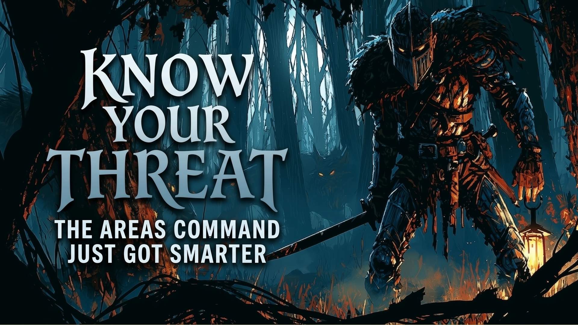 Aetolia AREAS Command Personalized Threat Levels 2026 - Aetolia the Midnight Age Aetolia AREAS command threat level update an armored hunter with a lantern assesses danger in a dark shadowed forest with predatory creatures lurking