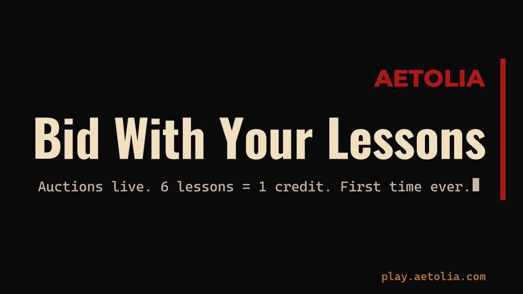 Aetolia May 2026 auctions -- 19 lots across credits, iron coins, and gold