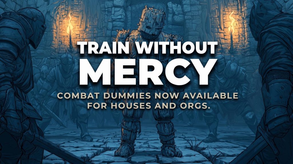 Aetolia combat training dummy in a torchlit stone training hall flanked by armoured warriors
