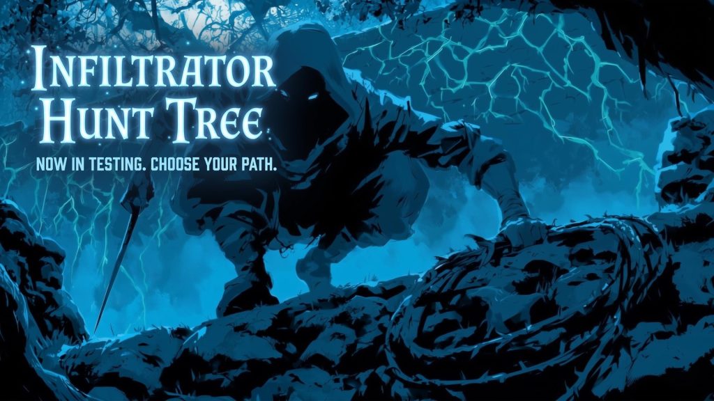 Aetolia Infiltrator class assassin crouched in moonlit ruins with glowing skill tree node lines in the background