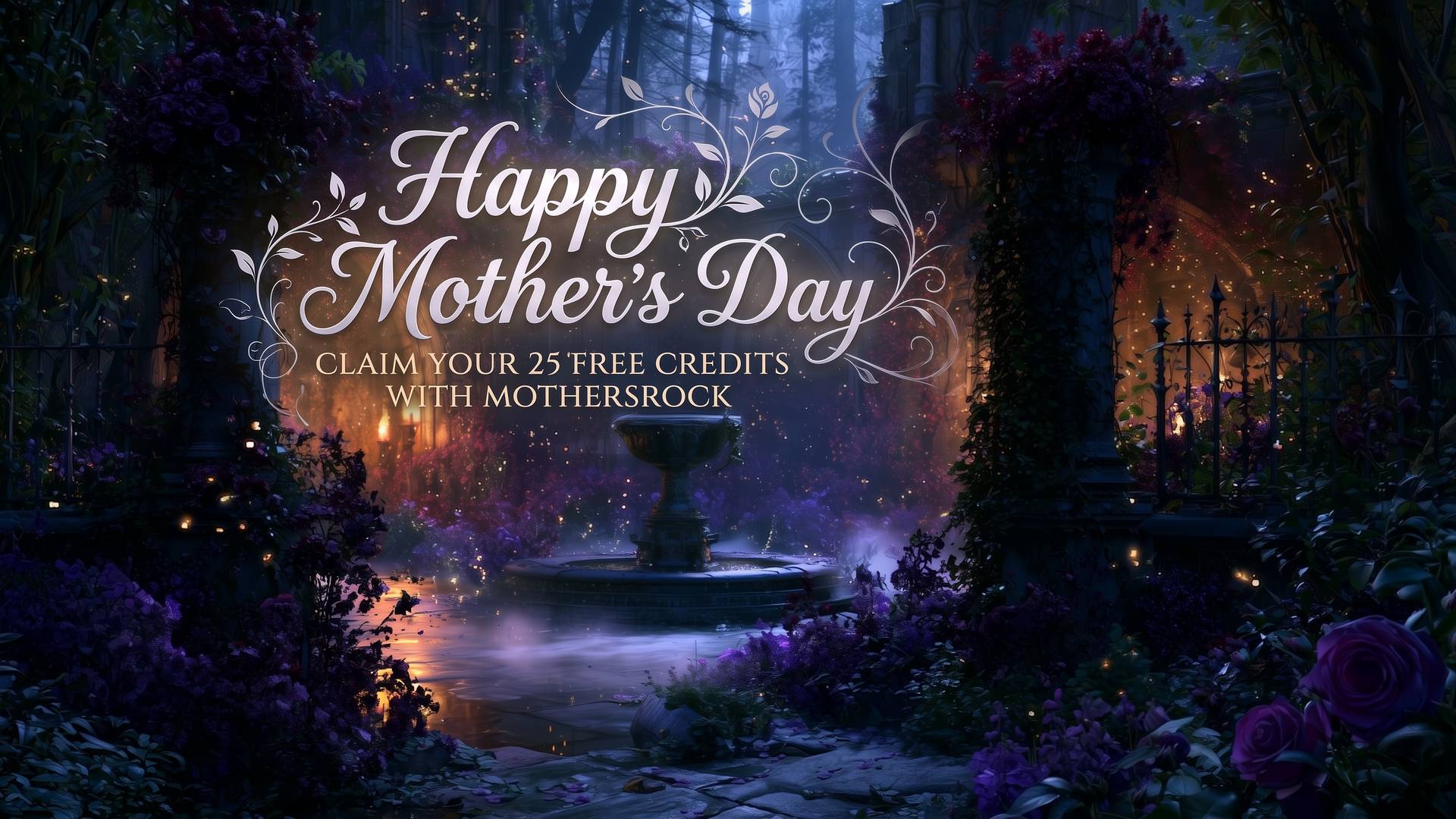 Aetolia Mother's Day 2026 gothic garden with Happy Mother's Day text overlay – claim 25 free credits with MOTHERSROCK