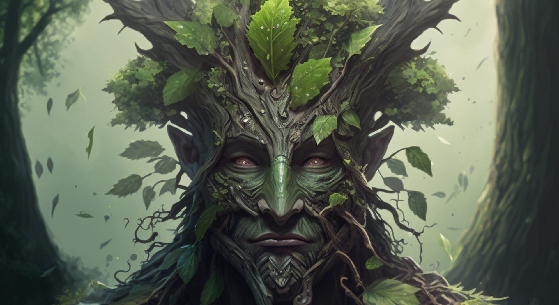 An Arborean plant folk figure with bark skin and long limbs holding a staff in a forest setting
