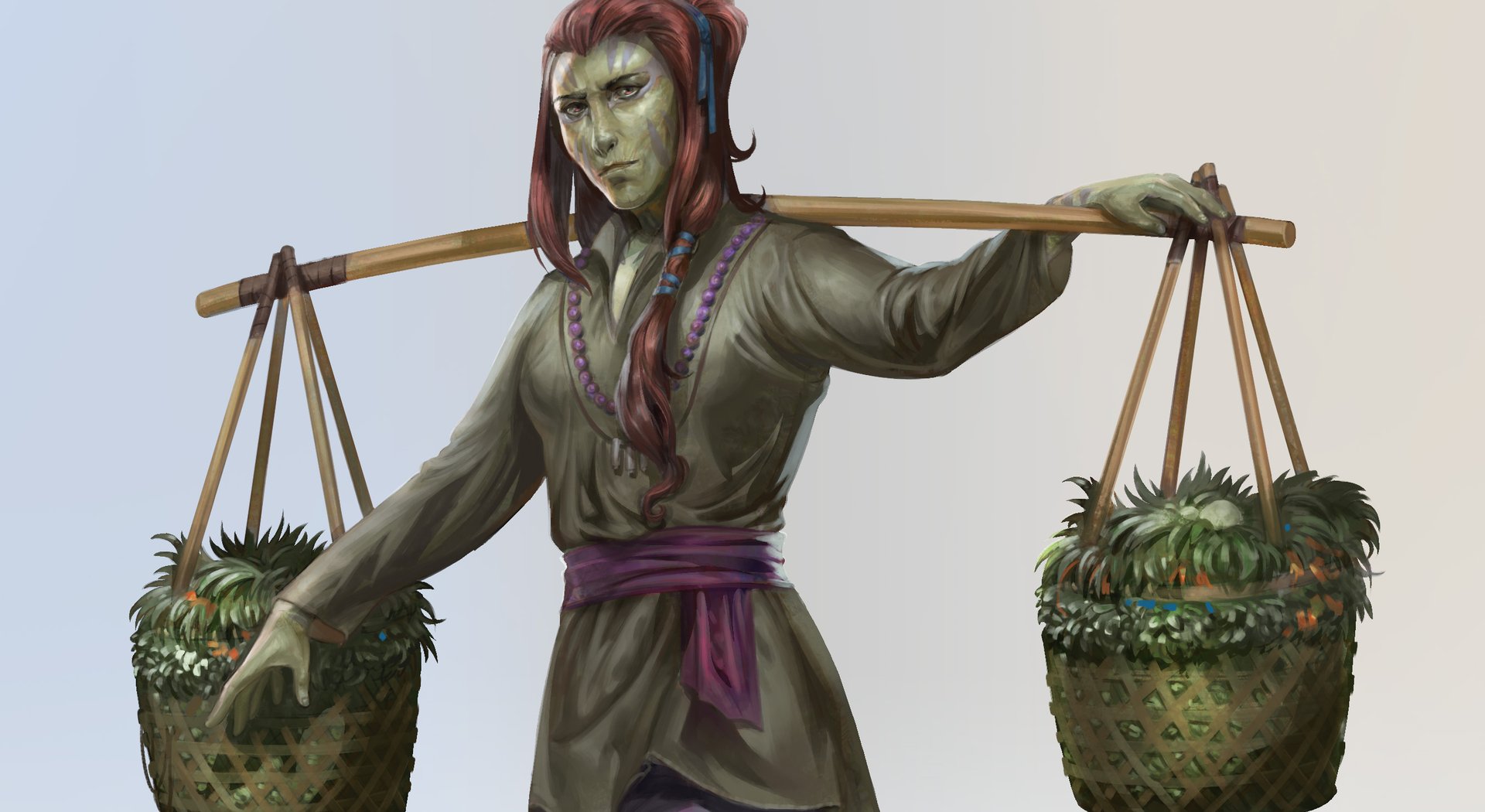An Arqeshi figure with pale slate skin and dark dreadlocks ice and Light aligned warrior of the cleansed Nazetu