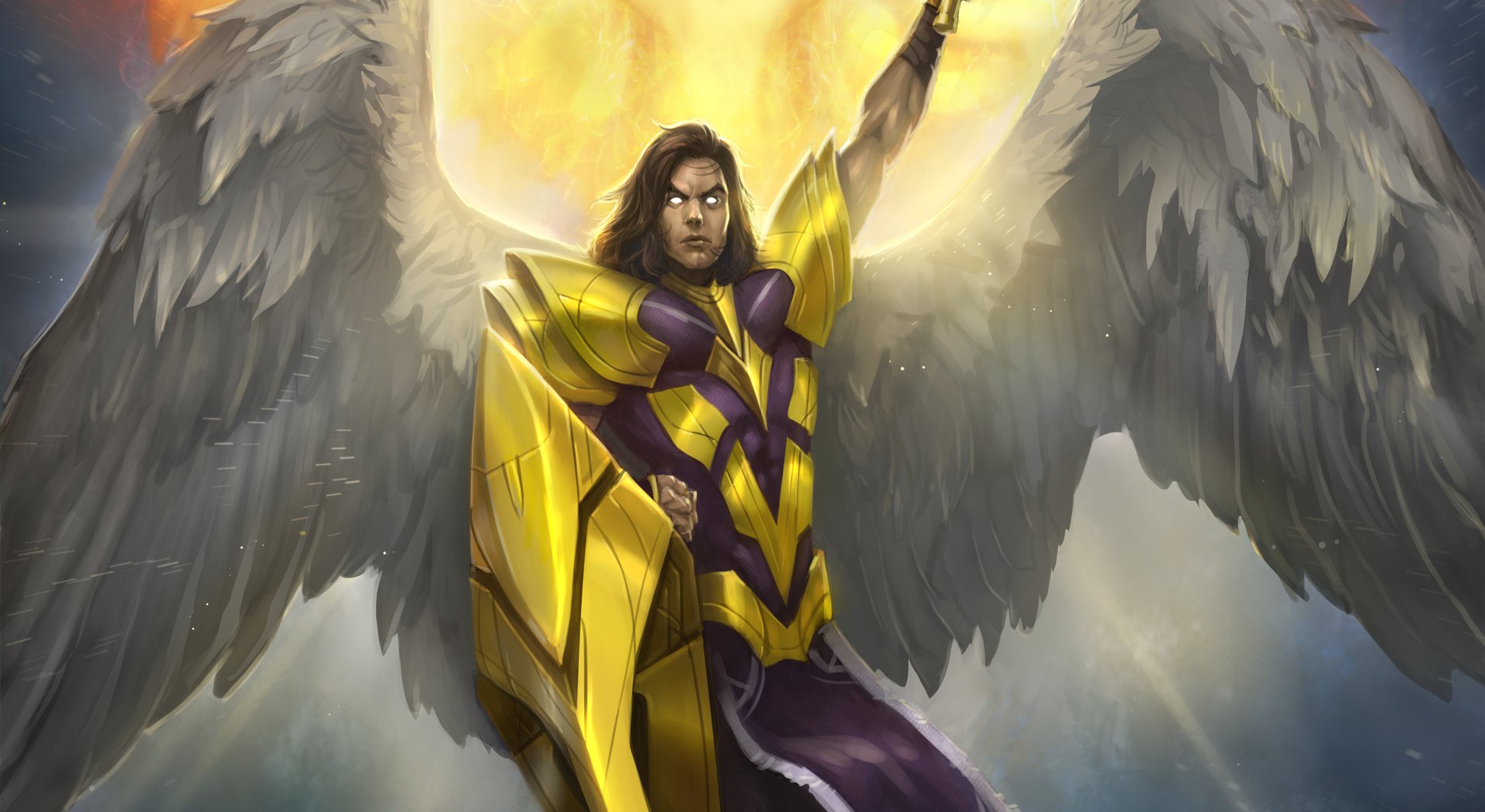 A winged Atavian humanoid in golden armor mace raised with a glowing solar figure behind