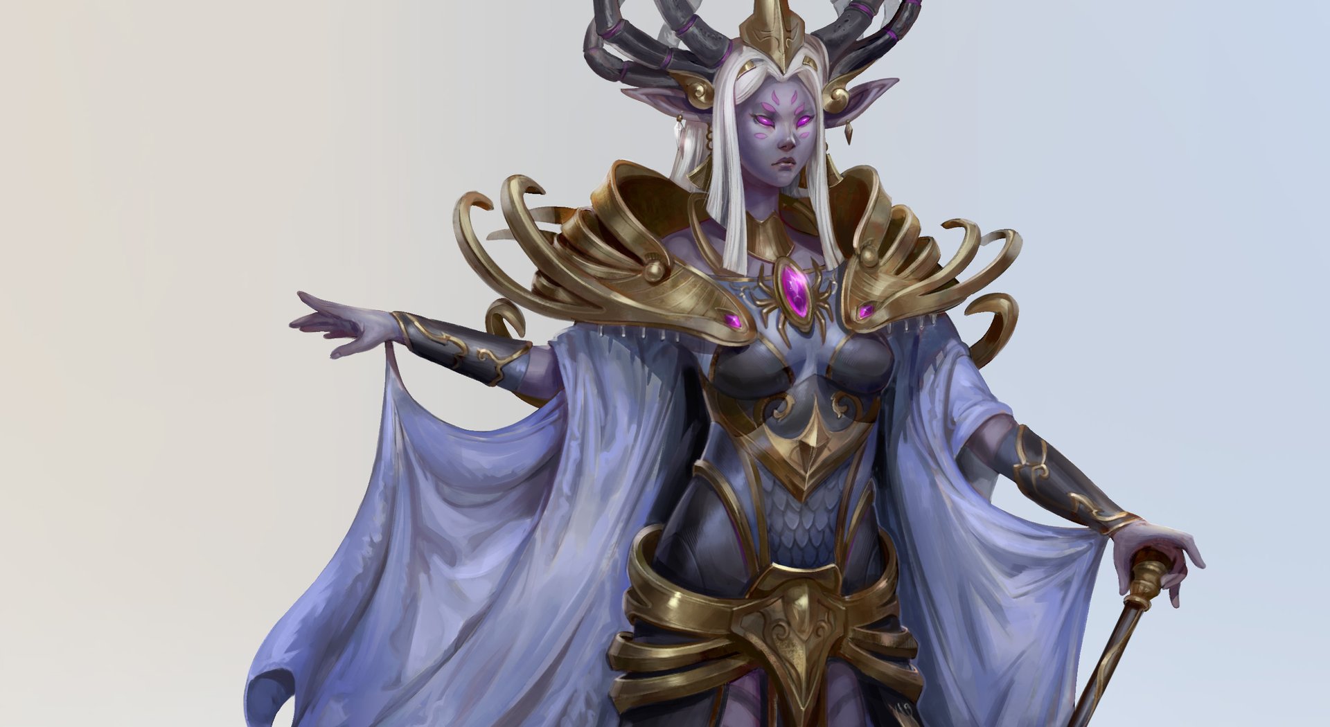 A Djeirani figure with dark skin and amethyst glow eyes desert shaped and meditative