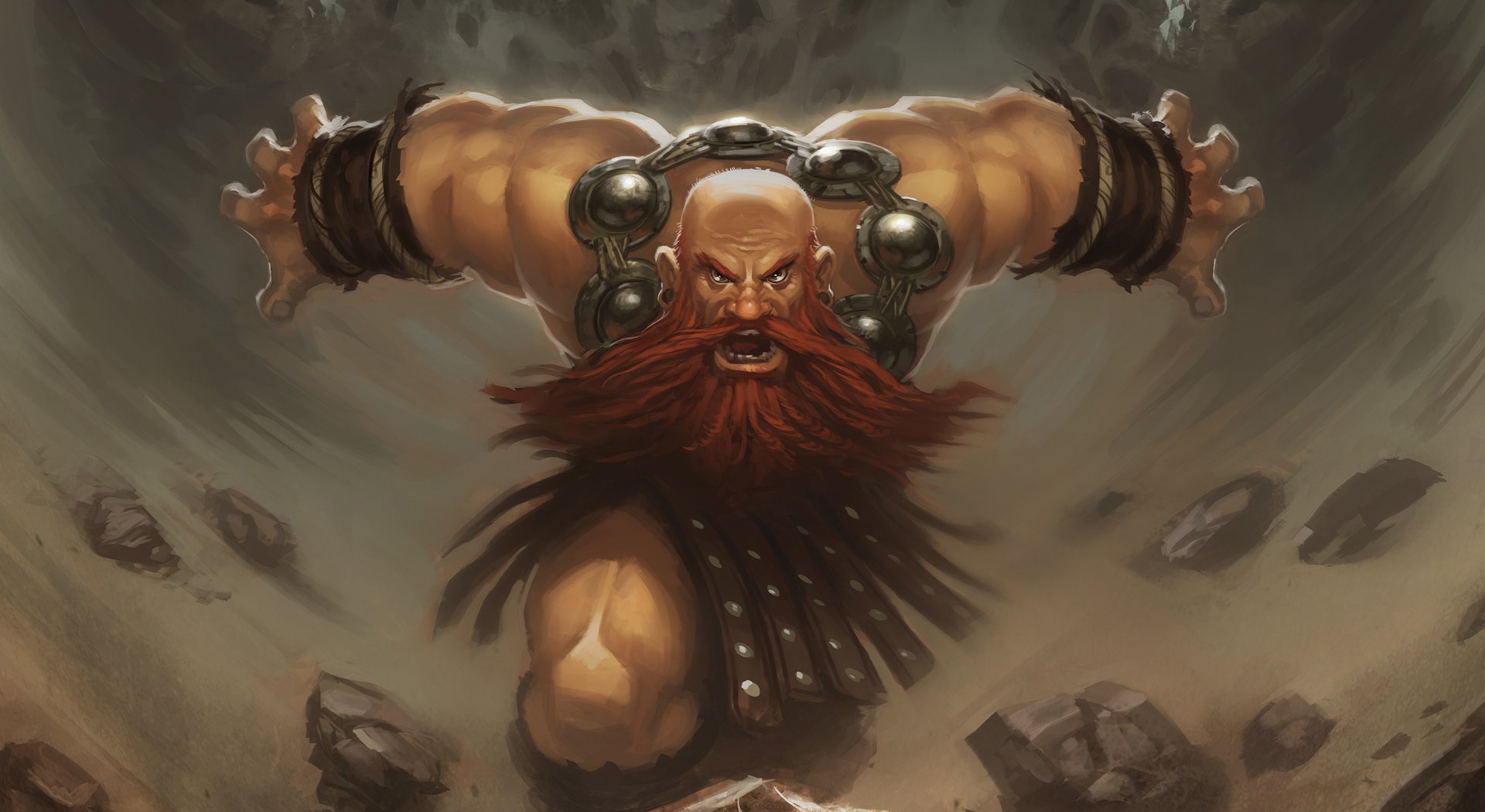 The Dwarves of Aetolia - Race Hero Banner - Aetolia the Midnight Age A red bearded dwarf with muscular arms lifting a massive stone golem above his head