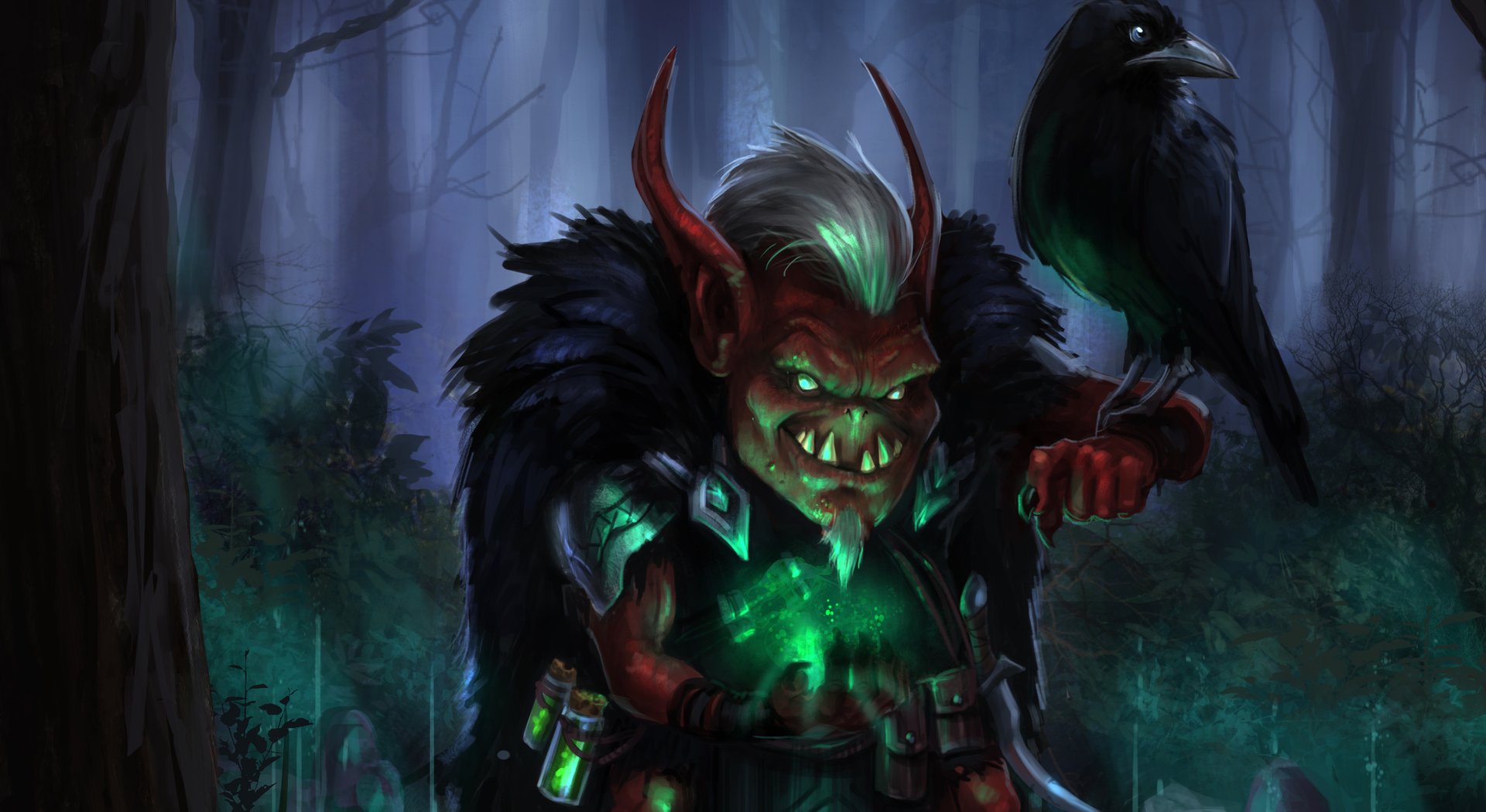An Imp lower planar troublemaker with red horns green glow eyes and a raven companion