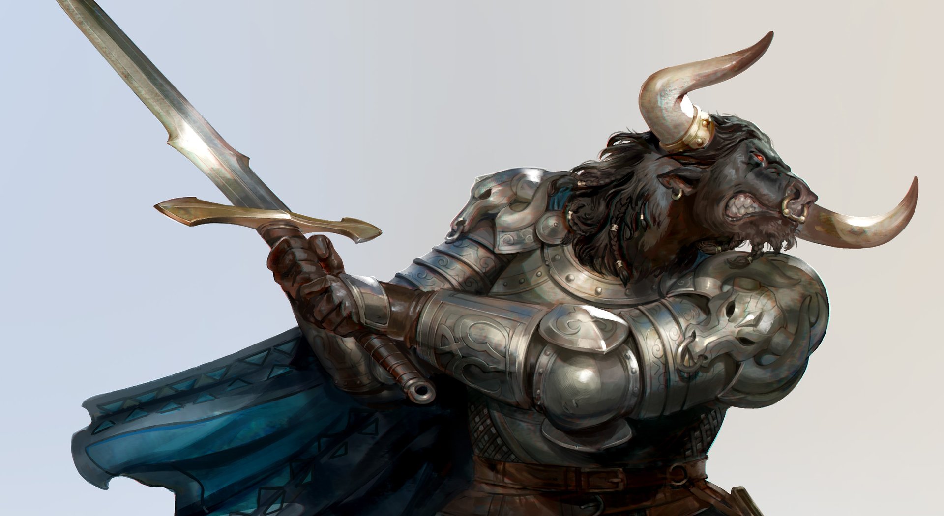 A horned Minotaur with broad bovine features and mountain clan markings