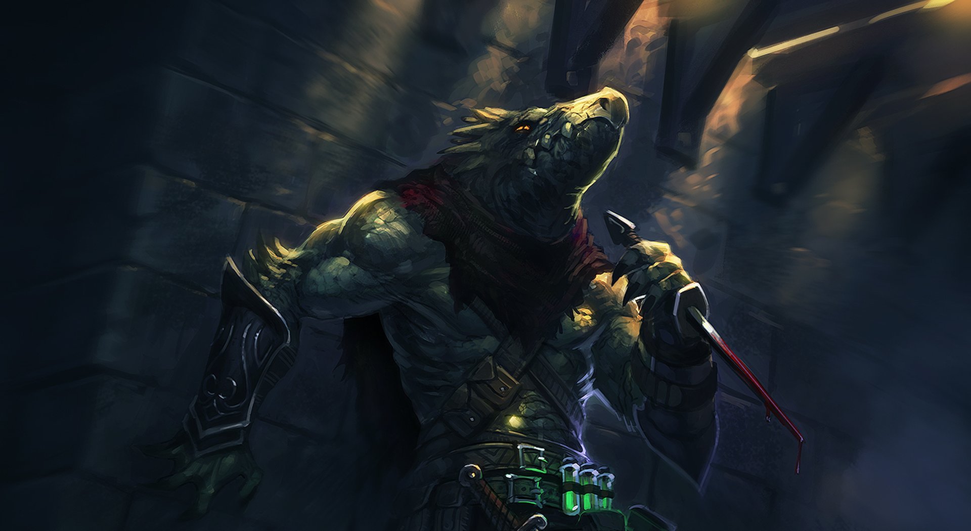 A reptilian Xoran with scaled skin and fire breathing presence one of Aetolias signature races