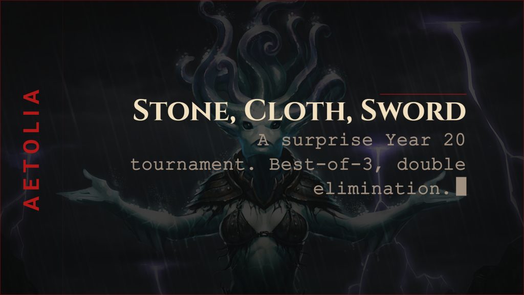Aetolia Year 20 Stone-Cloth-Sword tournament announcement: best-of-3, double-elimination bracket