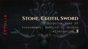 Aetolia Year 20 Stone Cloth Sword tournament announcement best of 3 double elimination bracket