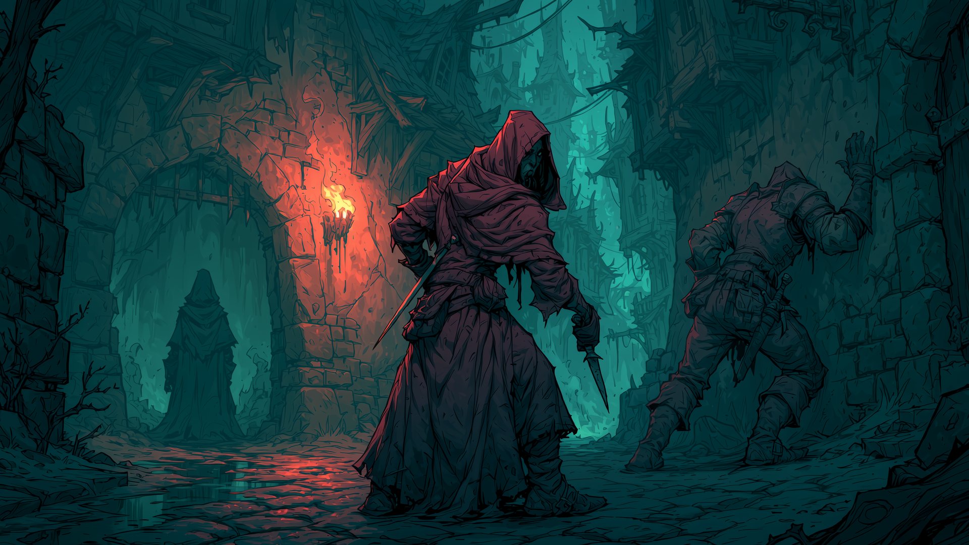 Aetolia affliction combat a hooded duelist in a torchlit passage - Aetolia the Midnight Age A hooded figure holding a thin dirk in a torchlit stone passage as an armoured guard buckles to one side a second cloaked figure watching from the shadows