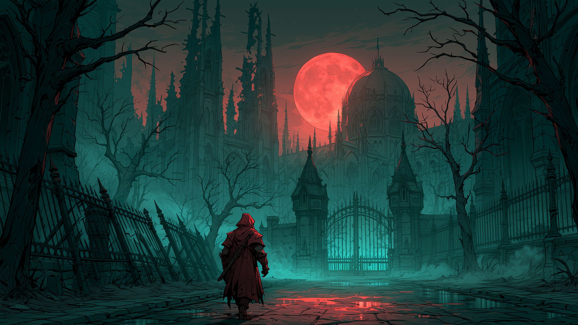 Aetolia a traveller approaching a gothic cathedral under a blood moon - Aetolia the Midnight Age A hooded traveller on a mist wrapped road approaching the iron gates of a vast gothic cathedral under a blood red moon bare trees and leaning fences teal fog and red reflections on wet cobbles
