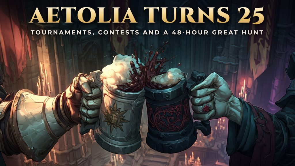 Aetolia Turns 25: a gauntleted hand and a pale ringed hand clash tankards in a candlelit gothic hall