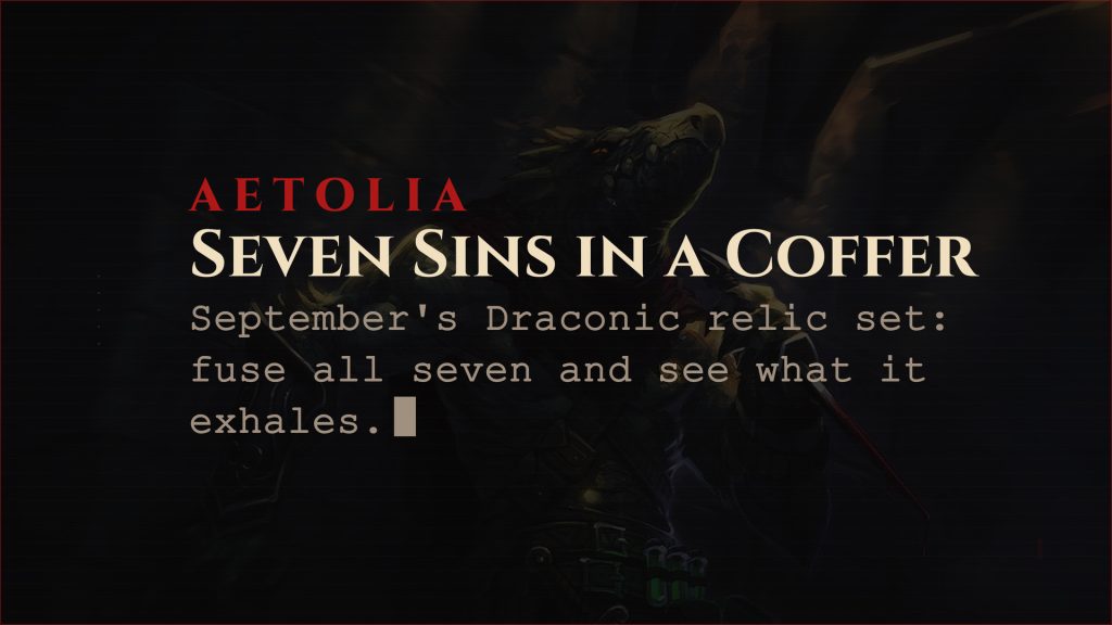 Aetolia September 2026 promotion card: Draconic Coffers with the seven-piece Draconic relic set, from draconic_envy to draconic_wrath