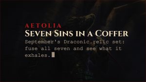 Aetolia September 2026 promotion card Draconic Coffers with the seven piece Draconic relic set from draconic envy to draconic wrath