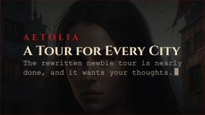 Aetolia announce card for the rewritten newbie tour which differs for each city and is looking for player feedback