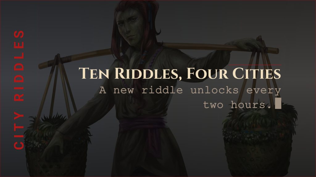 Aetolia announce card for the City Riddles contest: ten riddles, four cities