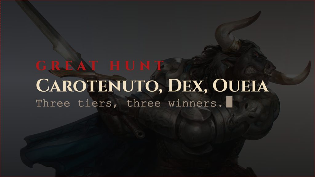 Aetolia announce card for the Great Hunt results, naming tier winners Carotenuto, Dex and Oueia