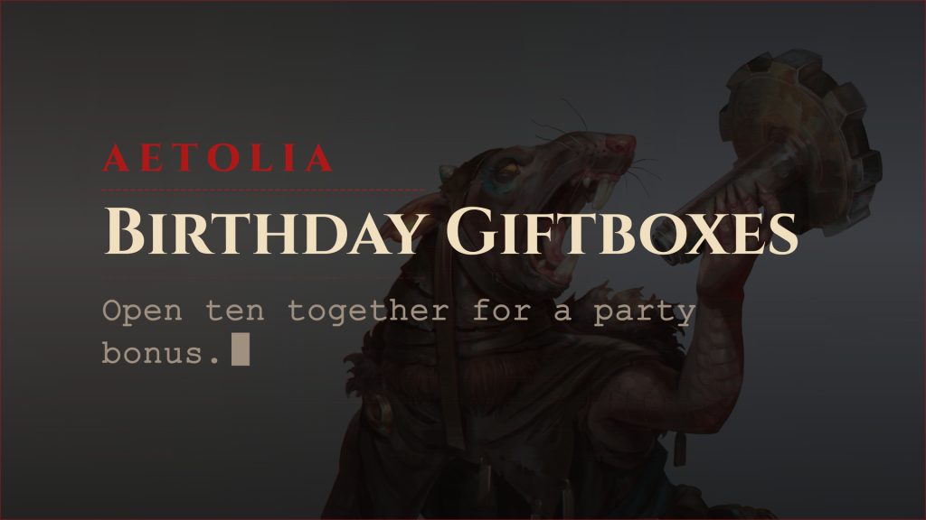 Aetolia announce card for the October promotion: birthday giftboxes, open ten together for a party bonus